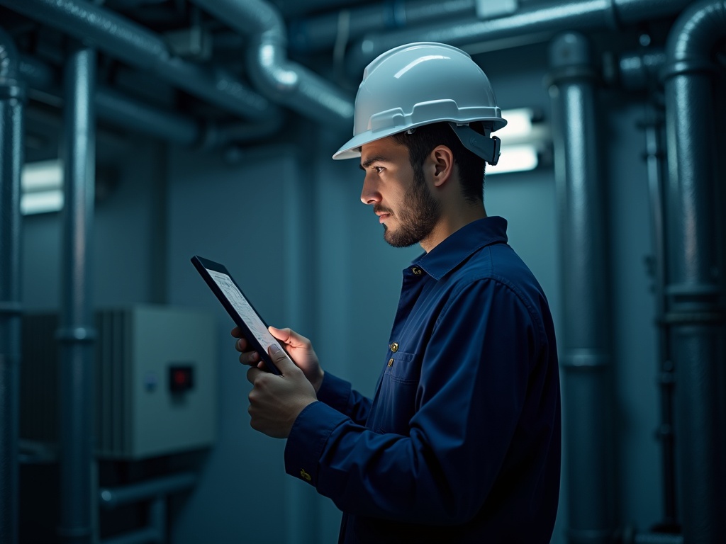 TGA-Ingenieur dokumentiert auf der Baustelle mit einem Tablet