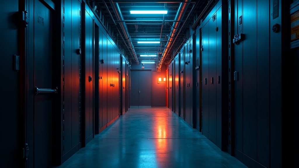 Cinematischer Blick in einen Technikraum mit Rohrleitungen in Navy und Orange